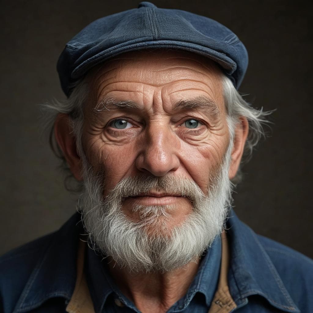 Photorealistic AI portrait of an older fisherman generated with Juggernaut XL — visible skin texture, individual beard hairs, catchlights in the eyes