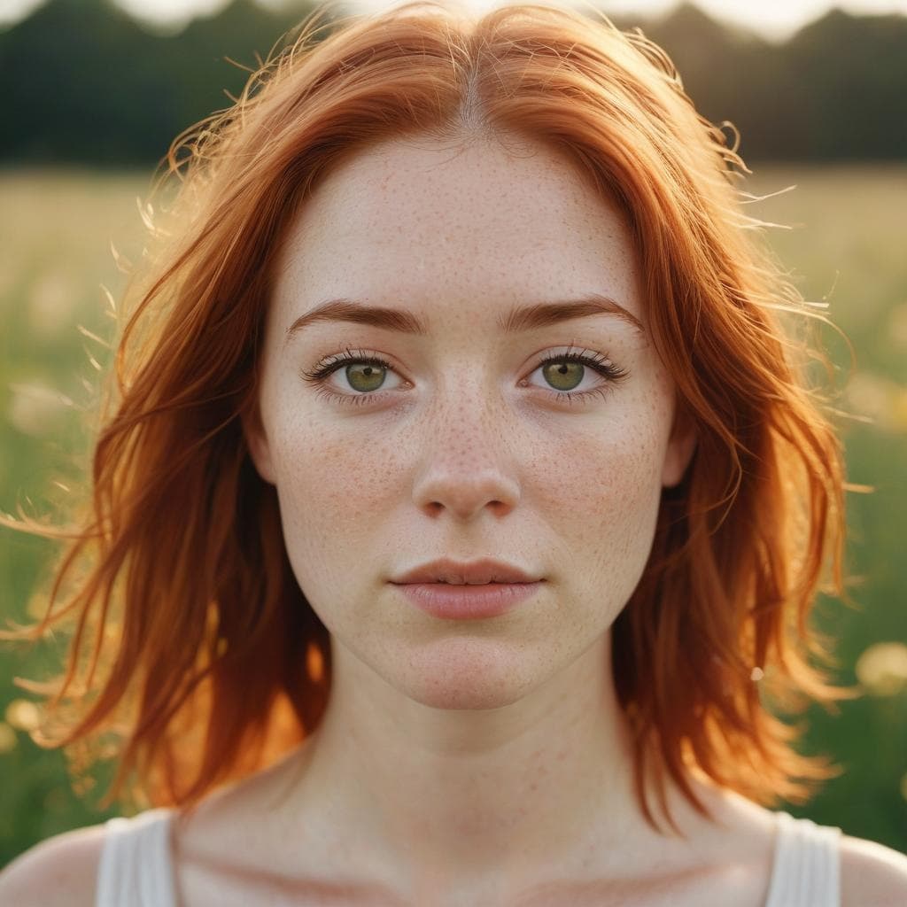 Photorealistic AI portrait of a young woman with red hair and freckles in a meadow at golden hour — generated with Juggernaut XL Lightning SDXL