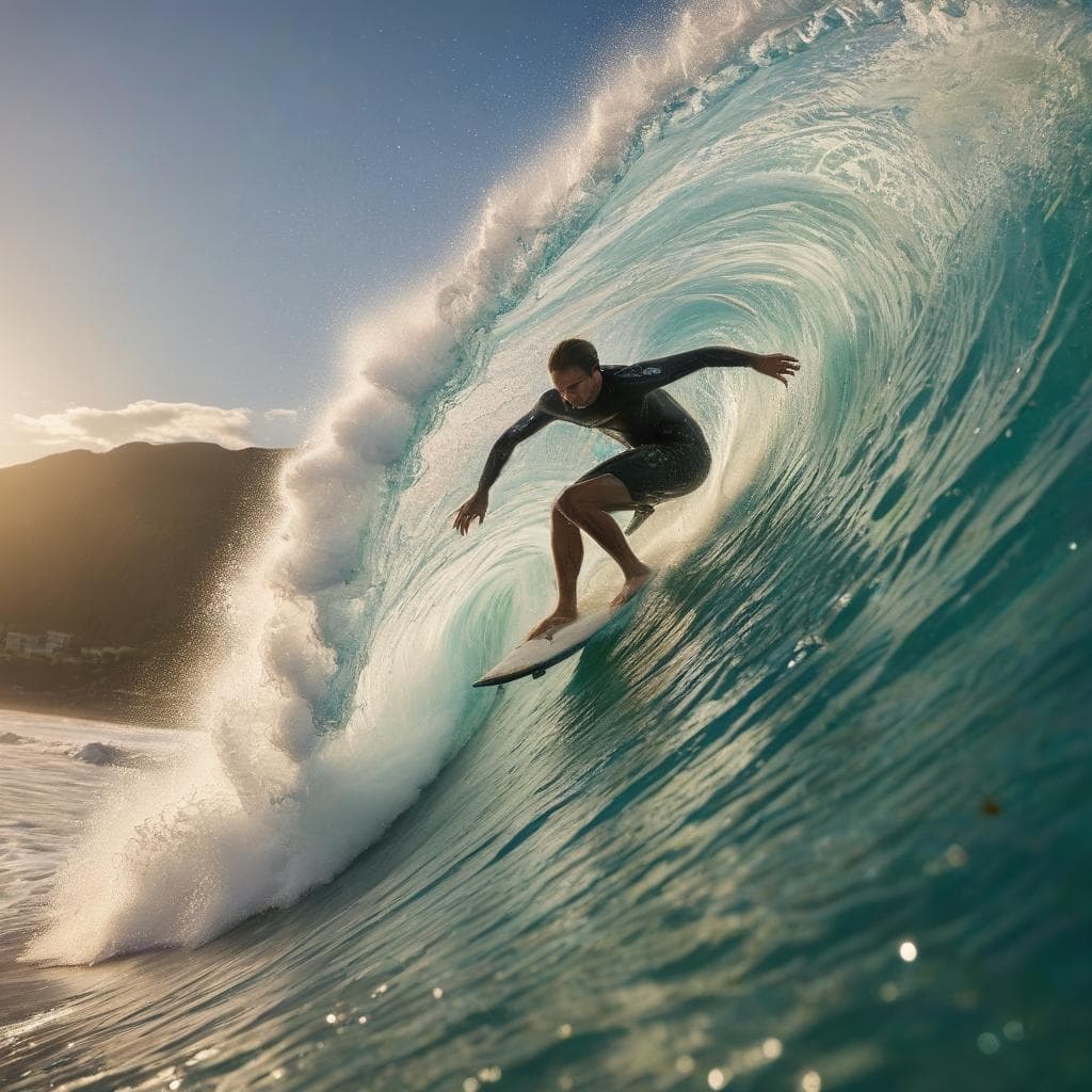 Photorealistic AI image of a surfer riding inside a barrel wave at sunrise — frozen spray and water detail captured by Juggernaut XL Lightning
