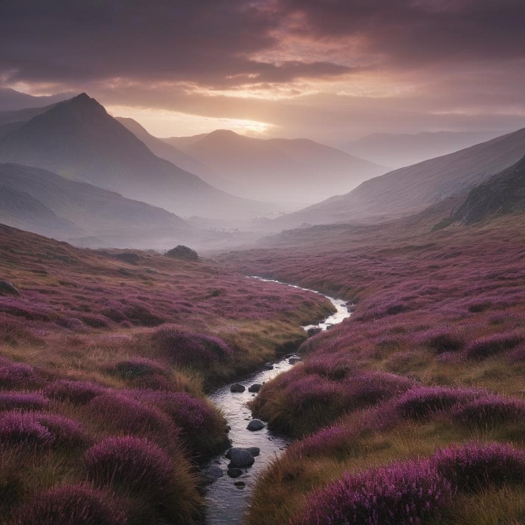 Cinematic AI landscape of a Scottish glen at dawn with purple heather and a winding stream, generated with Juggernaut XL for commercial use